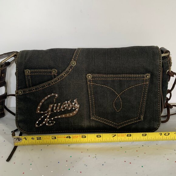 Vintage Y2K Guess Denim Shoulder Bag Spell Out Logo Rhinestones FLAW READ Brass - Picture 13 of 14